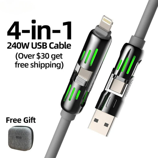 4-in-1 USB Charging Cable ( Free Storage Bag), fast charging MAX 240W USB A TYPE C Lightning for iPhone 16/15 Samsung Galaxy