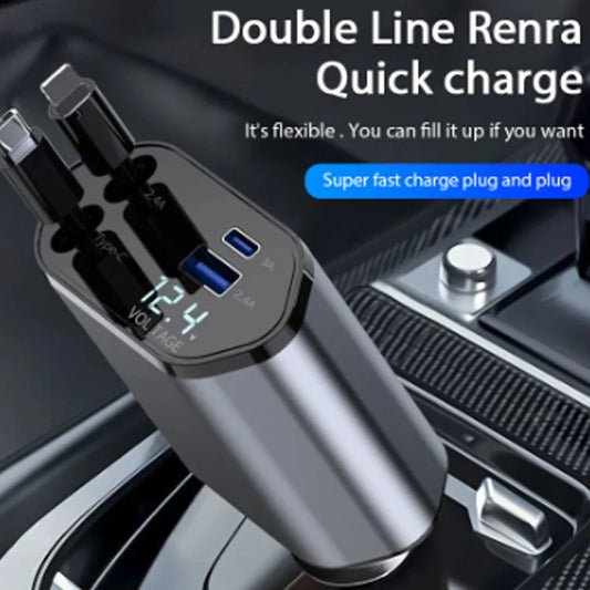 Car Charger Adaptor 120W Fast Charge USB Type C Fast Charger Cable with Retractable Cords Fit for iPhone 16/15/14/13/12 Samsung